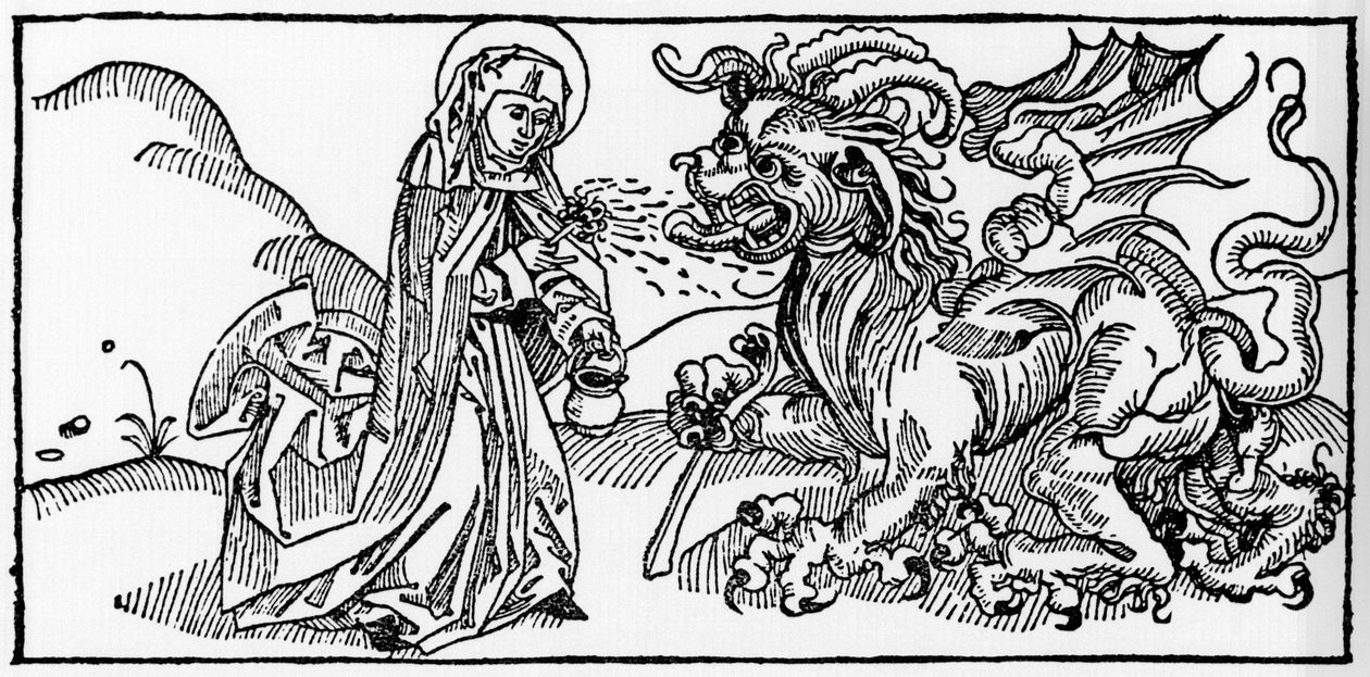 聖マルタとタラスク - Voragine（1228-1298）のJacobus（James）による「Leben der Heiligen - sommerteil」（聖人の書）からのエングレーヴィング。リュベック1488年 作： 無名の画家