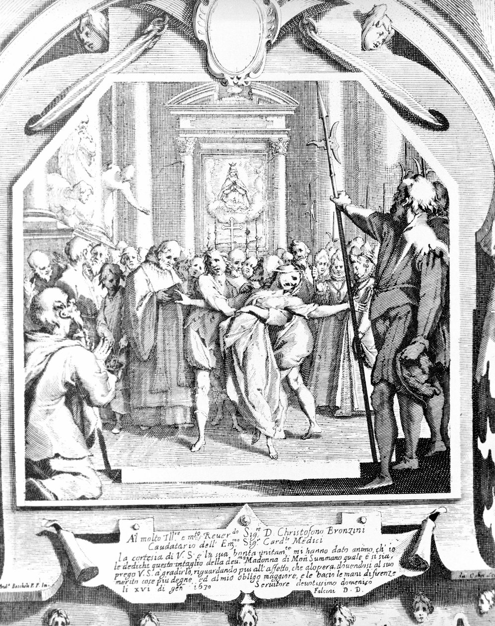 1630年、モンスンマーノの聖母を使って憑依された女性の悪魔祓いのシーン。 作： 無名の画家