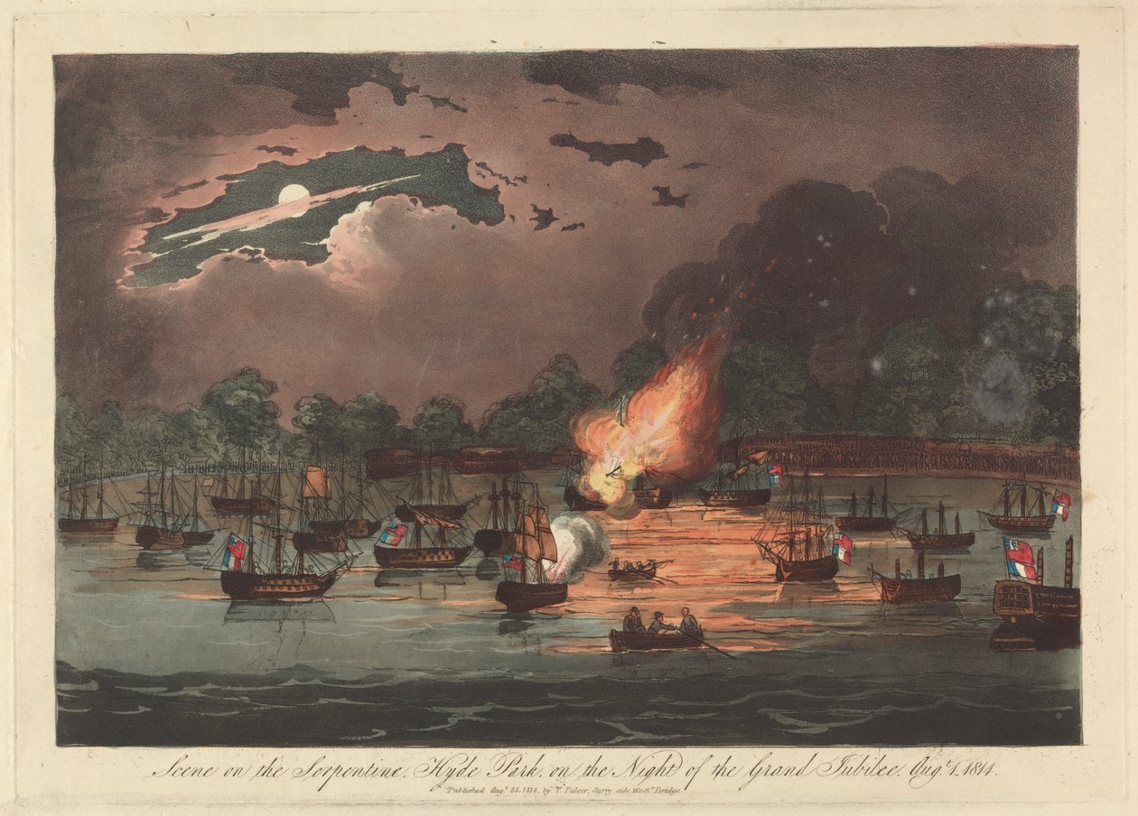 Cena no Serpentine, Hyde Park na noite do Grande Jubileu, 1º de agosto de 1814 作： 無名の画家