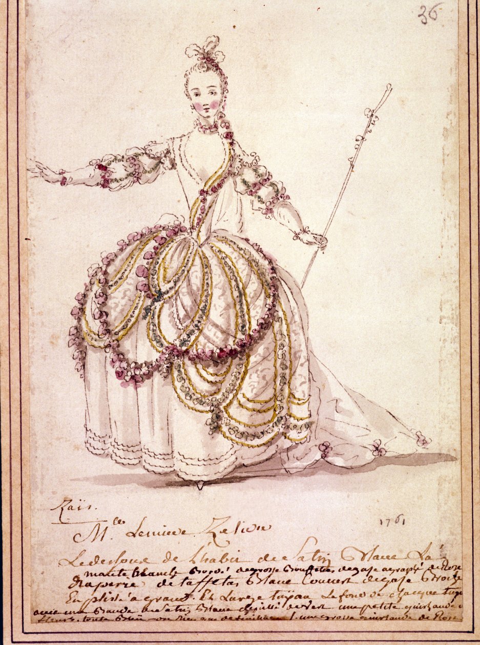 風景画：Jean Philippe (Jean-Philippe) Rameau (1683-1764) の牧歌「Zais」の衣装図 1761年。水彩画です。 作： 無名の画家