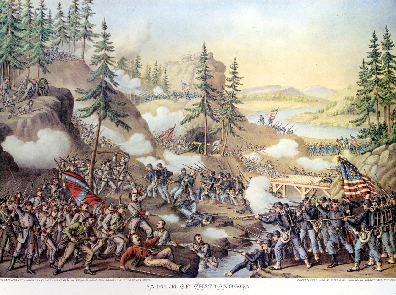 Secession War (1861 - 1865) or American Civil Giuerre: 24-25 11/1863: 24-25 11/1863: after two days of battle at Chattanooga, Tennessee, winning the Northern Army commanded by General Rosecrans.エングレーヴィング。 作： 無名の画家