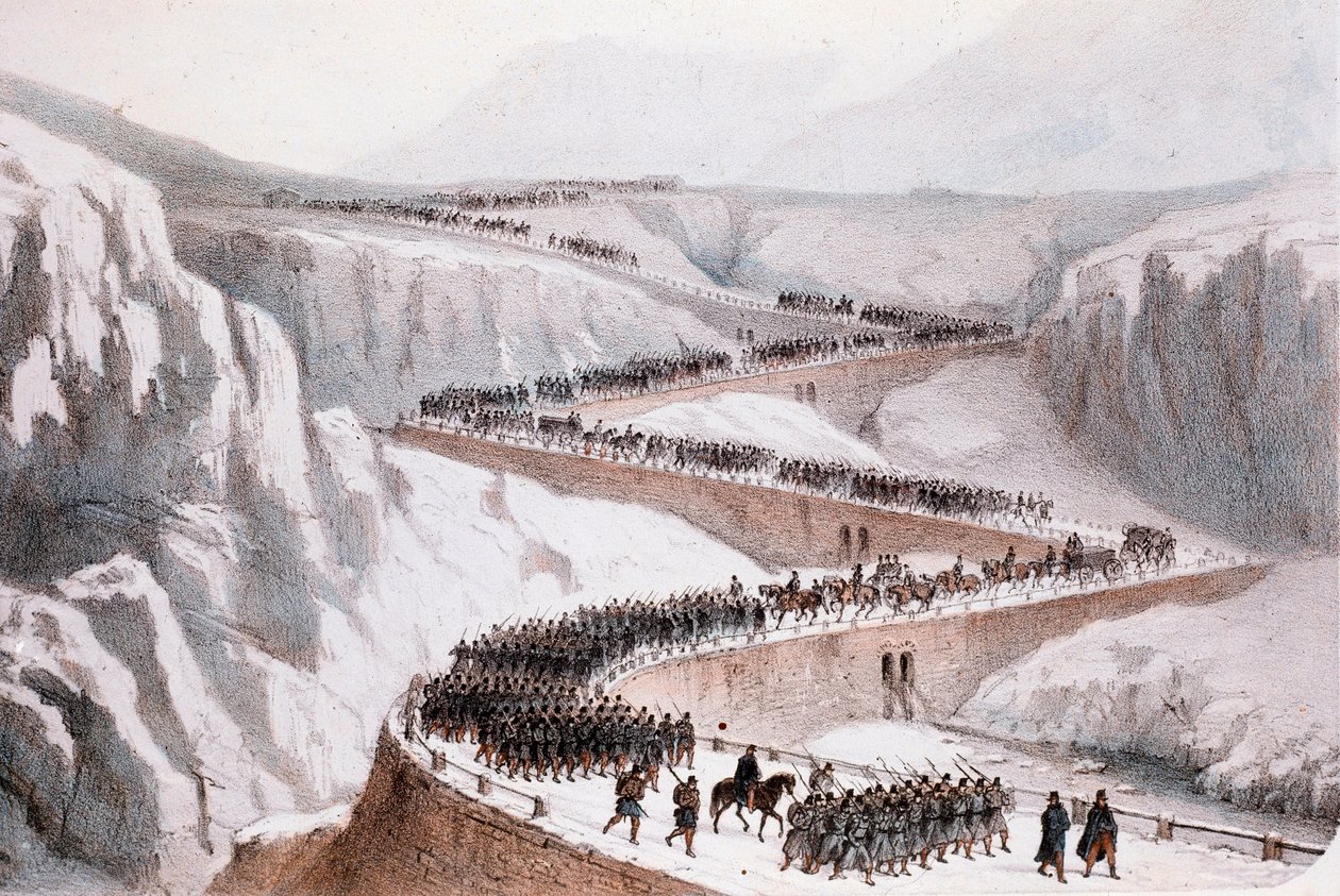 第二次イタリア独立戦争：1859年4月29日のフランス軍によるモンセニージョ通過（プリント 作： 無名の画家