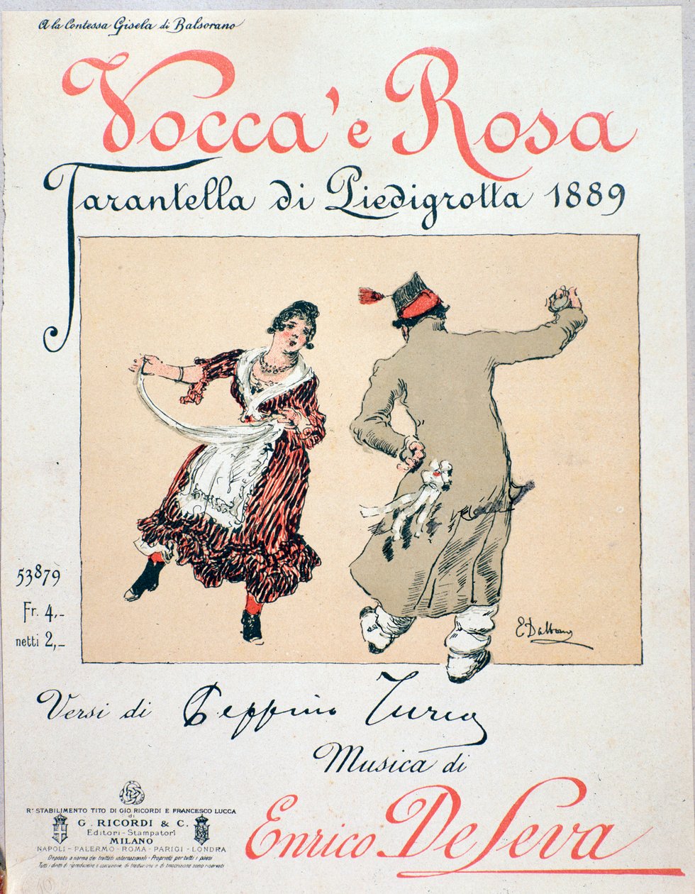 Enrico de Levaのタランテラ「Vocca e Rosa」の楽譜カバー。 作： 無名の画家