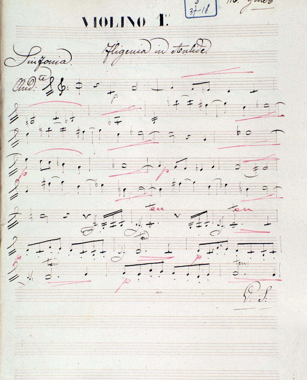 C.W.グルック作曲のオペラ『オウリーデのイフィゲニー』の第1ヴァイオリンの楽譜ページ（1774年頃 作： 無名の画家