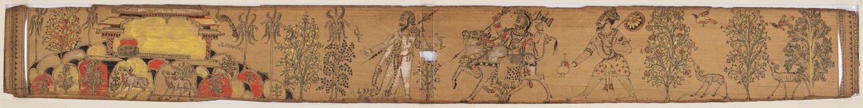 チャンドラバヌとウペンドラ バンジャのラヴァニャヴァティのロマンス (1670–1740) より、シヴァとその追随者たちがカイラス山に戻る 作： 無名の画家