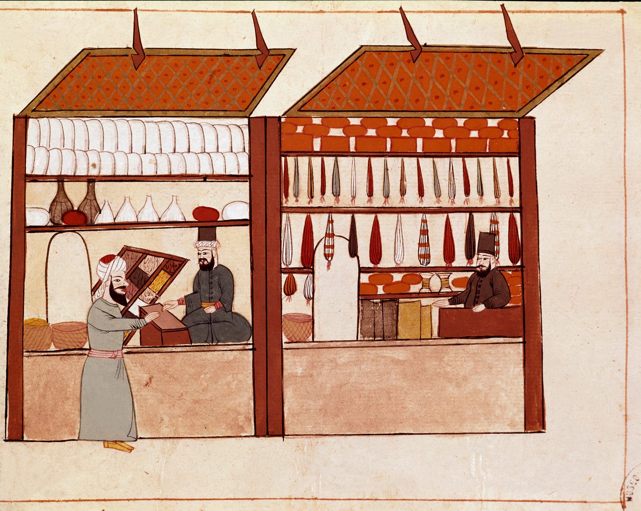コンスタンティノープルの街角にあるお店。17世紀（1671年）の原画の後、19世紀（1828年）のチコーニャの手稿から採られたミニチュア。ヴェネツィア、ビブリオテカ・マルシアーナ 作： 無名の画家