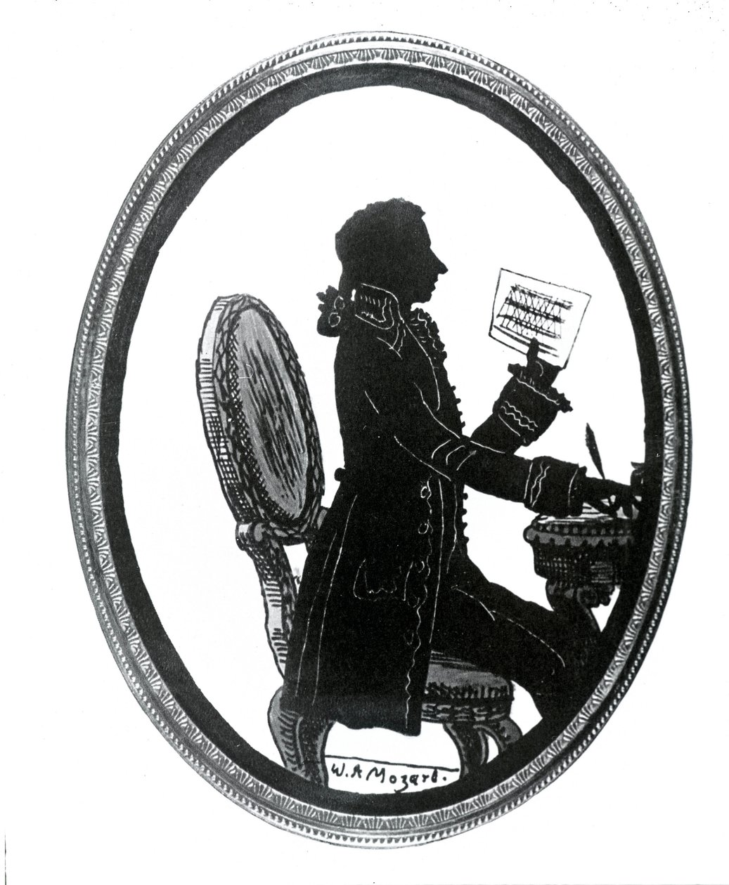 作曲家ウォルファング・アマデウス・モーツァルト（1756-1791）のシルエット。 作： 無名の画家