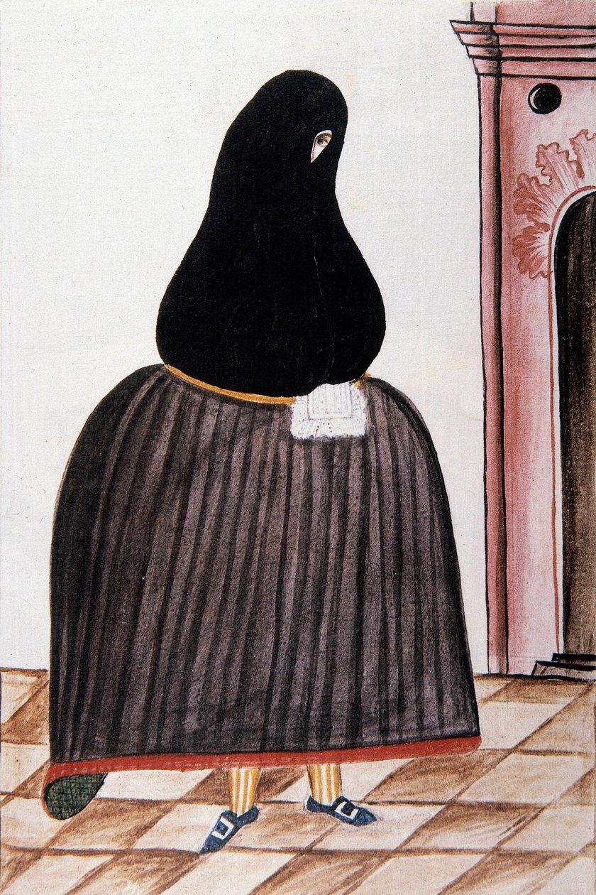 トルヒーヨ司教バルタサル・マルティネス・コンパニオン・イ・ブジャンダ（1782-1785）の「トルヒーヨ・デル・ペルー」または「コーディセ・マルティネス・コンパニオン」より、顔を覆うシェールを被ったスペイン人女性。 作： 無名の画家