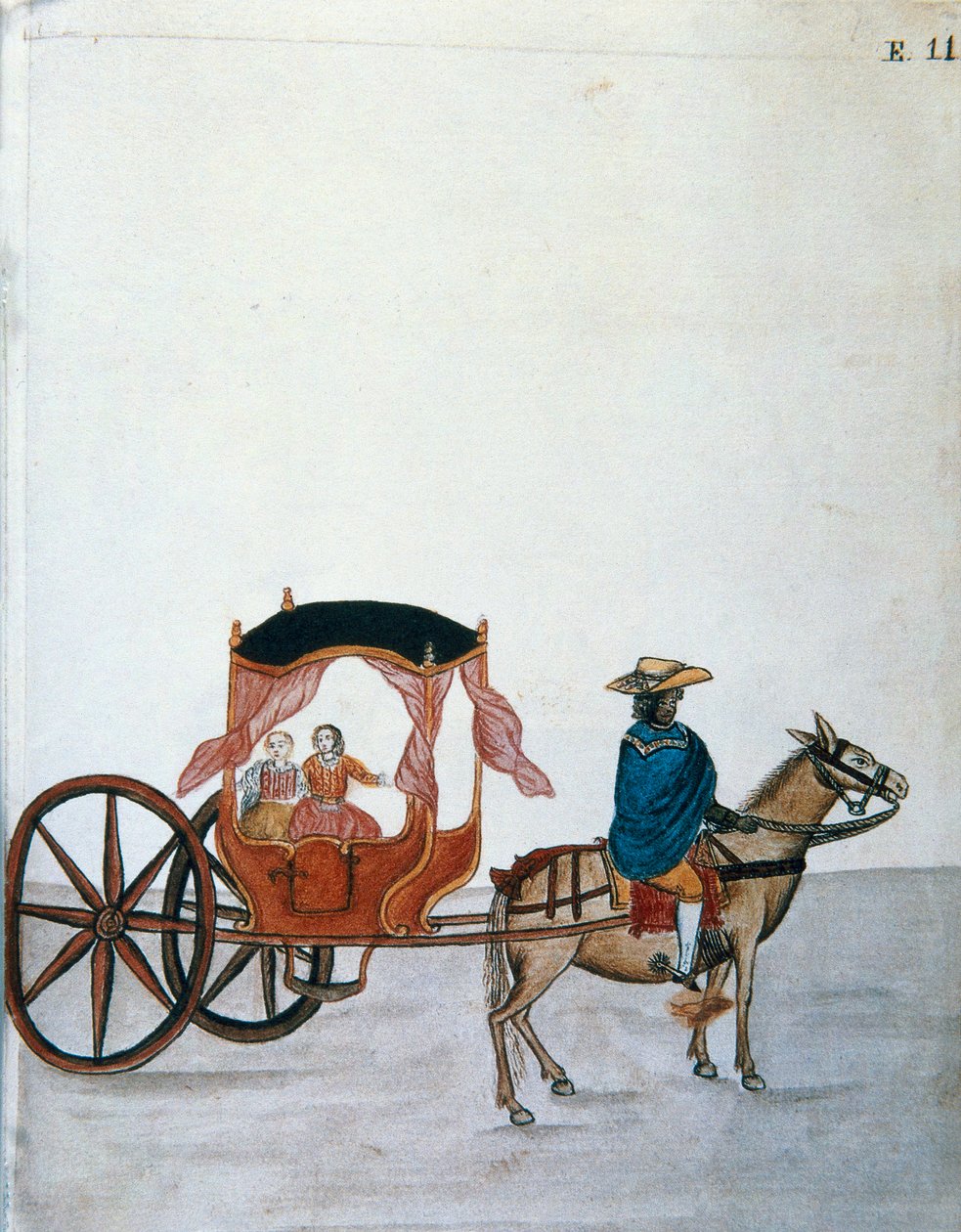 Spanische Frauen in einer von einem Indianer gezogenen Kutsche, aus dem Buch „Trujillo del Peru“ oder „Códice Martínez Compañón“ von Baltazar Martinez Compañón y Bujanda, Bischof von Trujillo (1782-1785) von Unknown artist