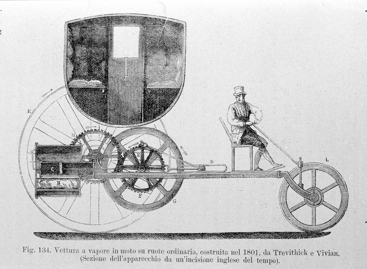 1801年にTrevithick and Vivianによって作られた、普通に乗っている蒸気自動車。19世紀のエングレービング。 作： 無名の画家