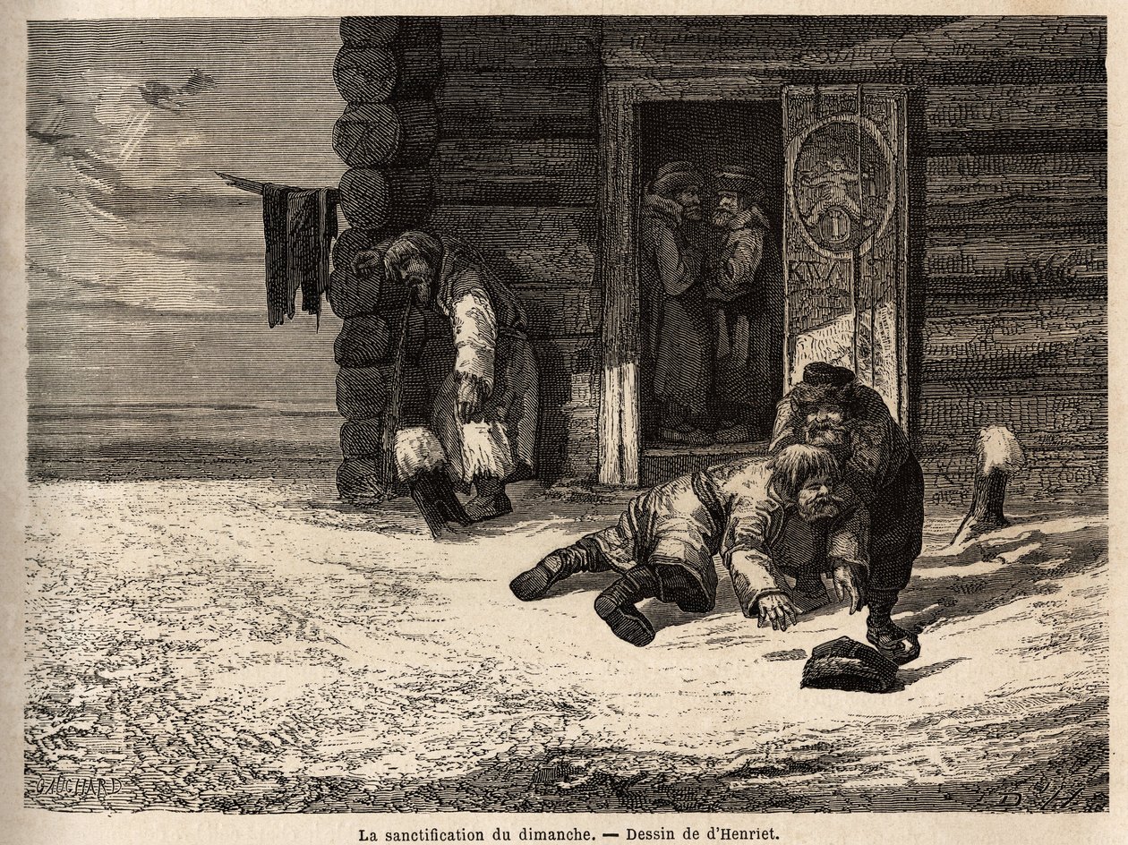日曜日の聖餐にはクミンの酒、ドルパットの労働者がいる。1851年から54年にかけてのロシア・バルト地方への旅行を説明するために、アンリエが描いたもの。エドゥアール・シャルトン編『世界旅行』に掲載されている図版 作： 無名の画家
