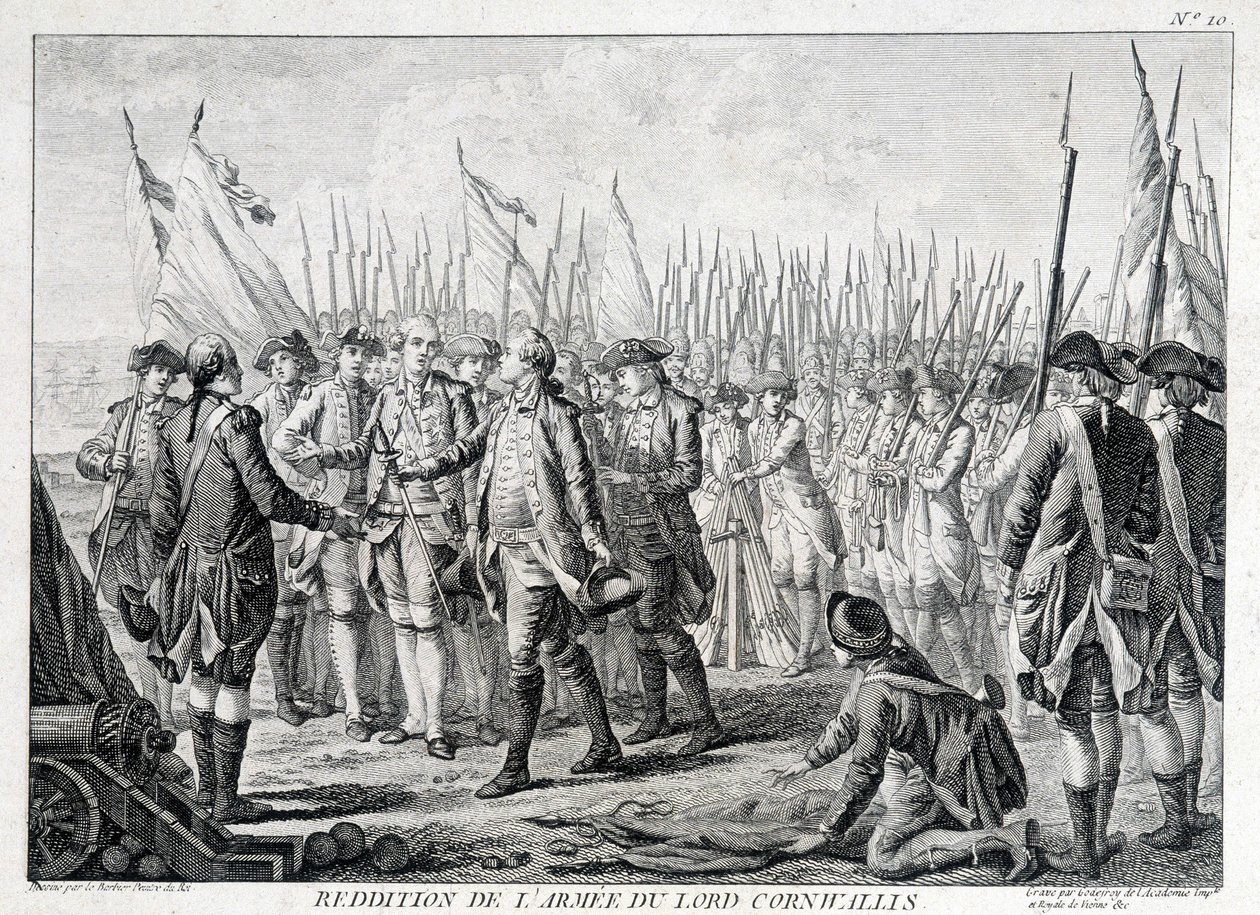 1781年10月19日、コーンウォリス卿（1738～1805）のイギリス軍がアメリカに降伏したこと。 作： 無名の画家