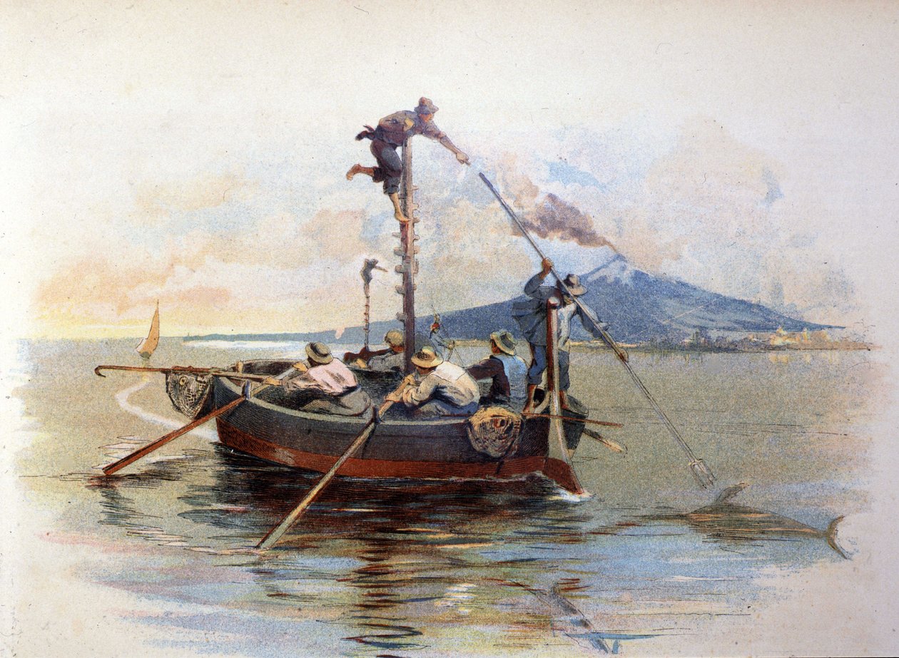 シチリア島メッシーナ海峡でのカジキ銛漁。水彩画 1898 作： 無名の画家