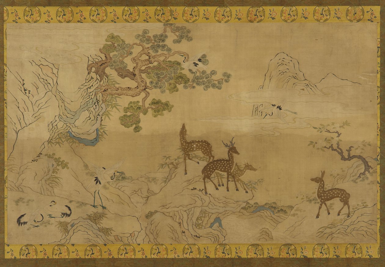 タペストリー：鹿、コウノトリ、松、桃の木のある風景 作： 無名の画家