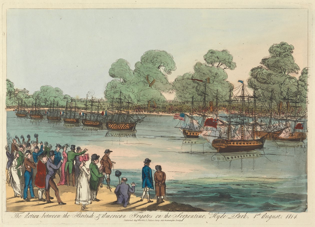 1814 年 8 月 1 日、ハイドパークのサーペンタイン号でのイギリスとアメリカのフリゲート艦の交戦 作： 無名の画家