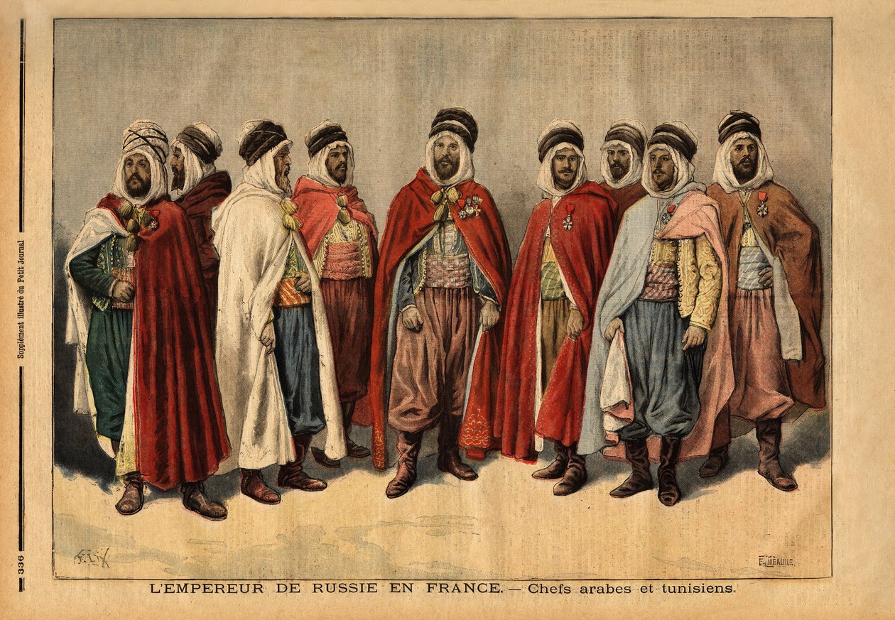 Die arabischen und tunesischen Häuptlinge, beauftragt mit der Ehrenwache von Zar Nikolaus II., der Frankreich besucht. (Si Hamza, Anführer der Uleds Sidi Sheiks; Si Mohammed ben Gana, Agha der Zibans; Si Ferhat Mouly, Kaid der Beni Maaida; Si Lakdan, Agha  von Unknown artist