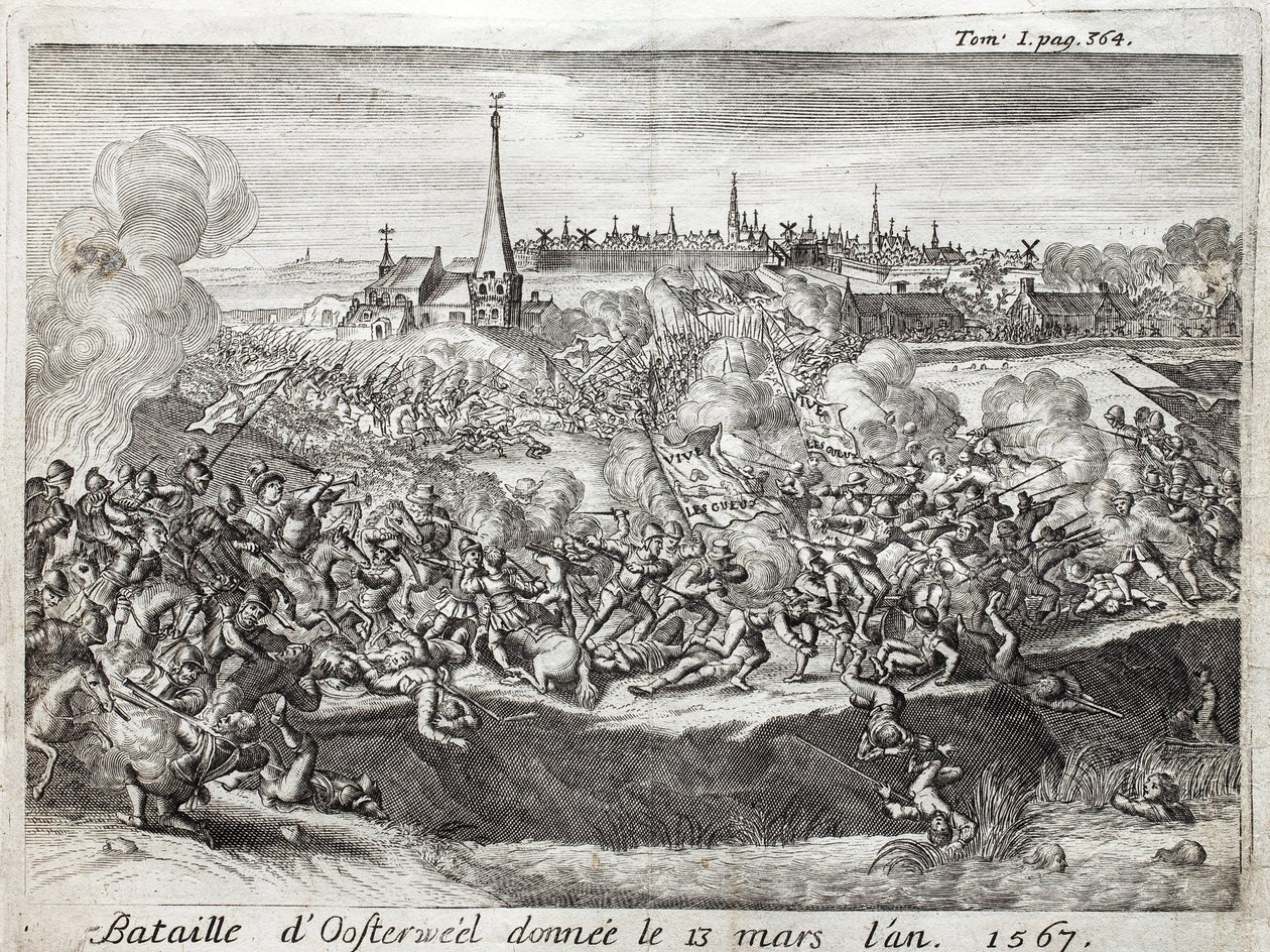 1567年3月13日に行われたオースターウェルの戦い（オランダ、ネザーランド）、80（エイティ）年戦争（1567-1648）の最初の対決。フラミアヌス・ストラーダ著『フランドル戦争史』を説明するための版画、ジョセフ・テルステヴェンス版 作： 無名の画家