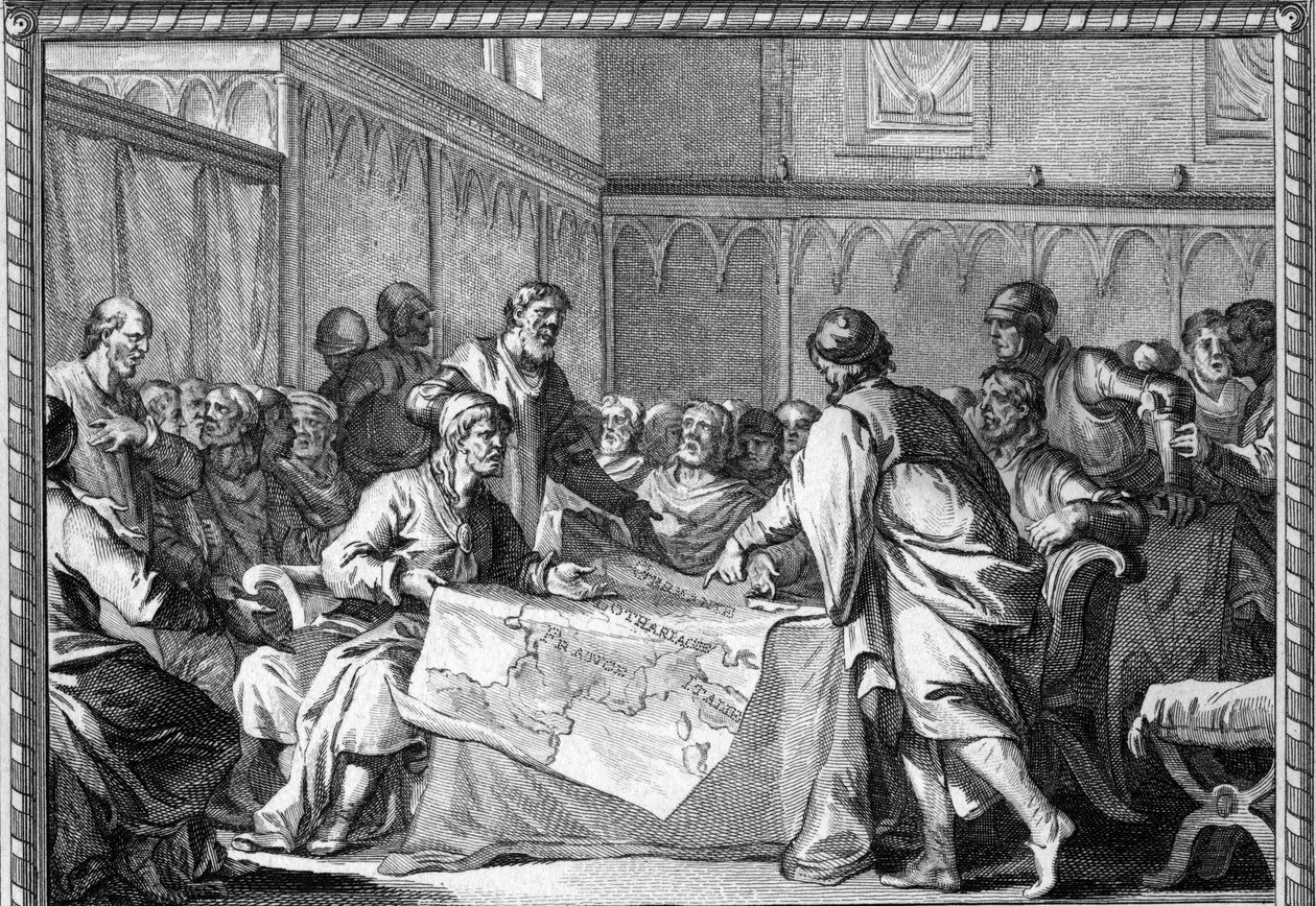 カロリング王朝は、ヴェルダン条約（843年）により、敬虔なルイの3人の息子であるロタイヤ1世、ゲルマン人のルイ、禿人のシャルルに分割された。18世紀のエングレーヴィング。 作： 無名の画家