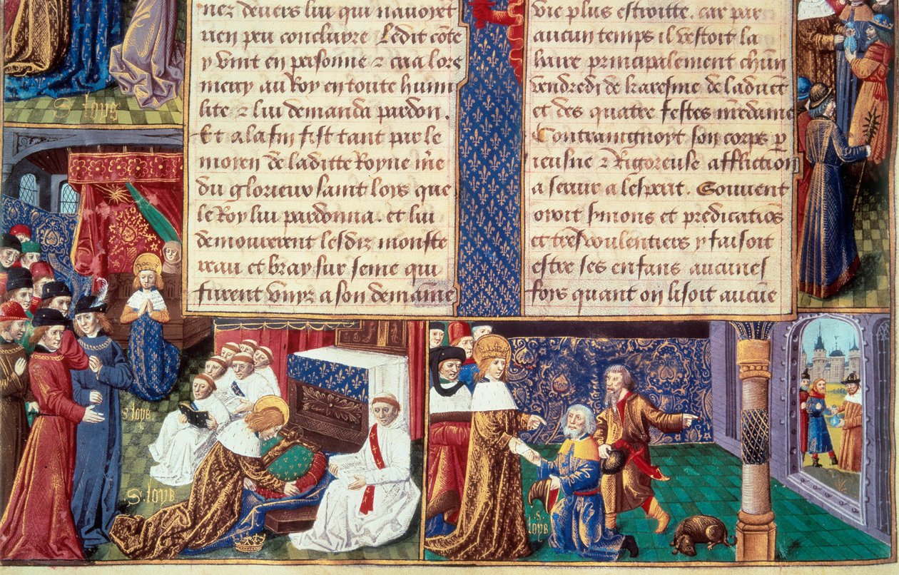 国王ルイ9世（1214-1270）（サン・ルイ）のキリスト教的美徳（信心深さや献身など）：左では国王が十字架を抱き、右では老山を受けている。写本「事実の書 モンシニョール・サン・ルイ」15tのミニチュア 作： 無名の画家