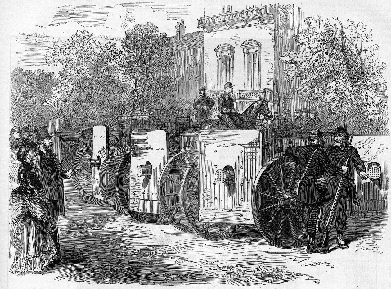 1871年のパリのコミューン。フェデレ（コミューン）が使用した装甲機関銃 作： 無名の画家