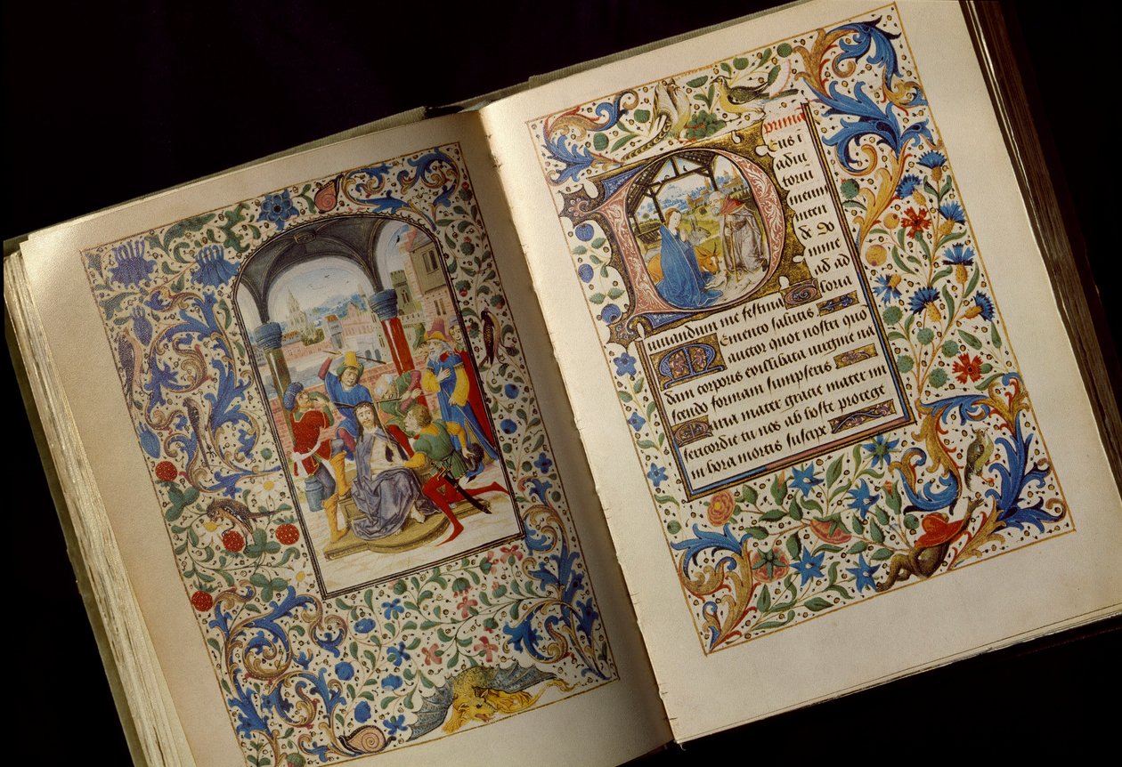 背表紙の戴冠式 「ブルゴーニュのマリア（1457-1482）の時祷書」（Cod.1857）の公開写本の2ページ 15世紀後半 Osterreischische Nationalbibliothek Vienna 作： 無名の画家