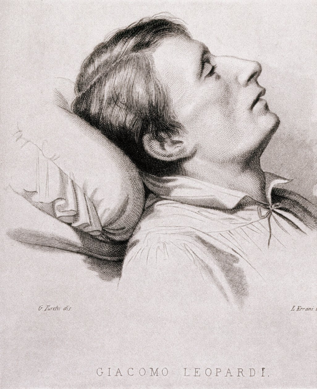 イタリアの詩人、ジャコモ・レオパルディ（1798-1837）の死に際の写真。19世紀のエングレーヴィング 作： 無名の画家