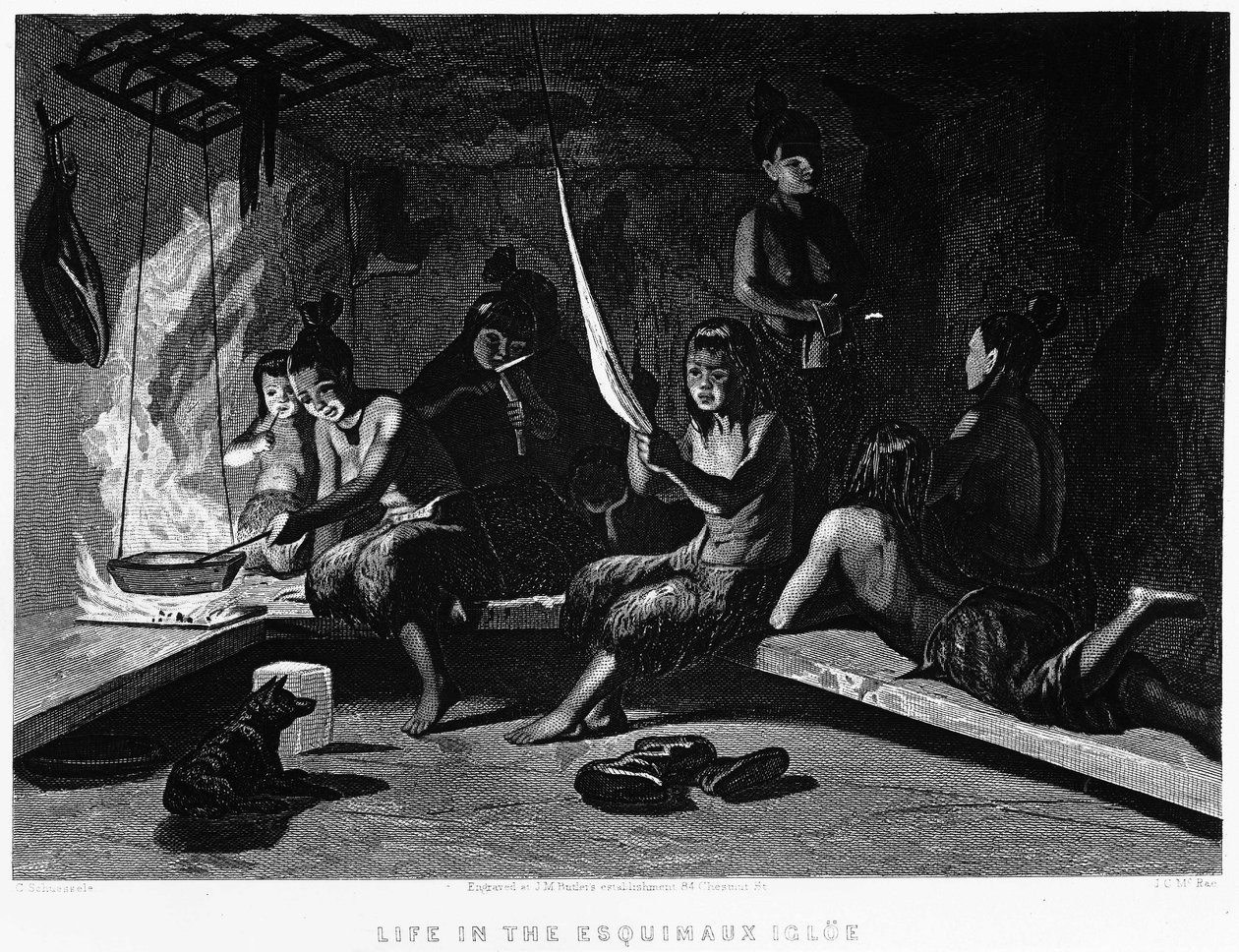 イグルーでのエスキモーの生活 - エリシャ・ケント・ケイン『Artic Exploration in Years 1853 - 1855』Philadelphia, Childs and Peterson 作： 無名の画家