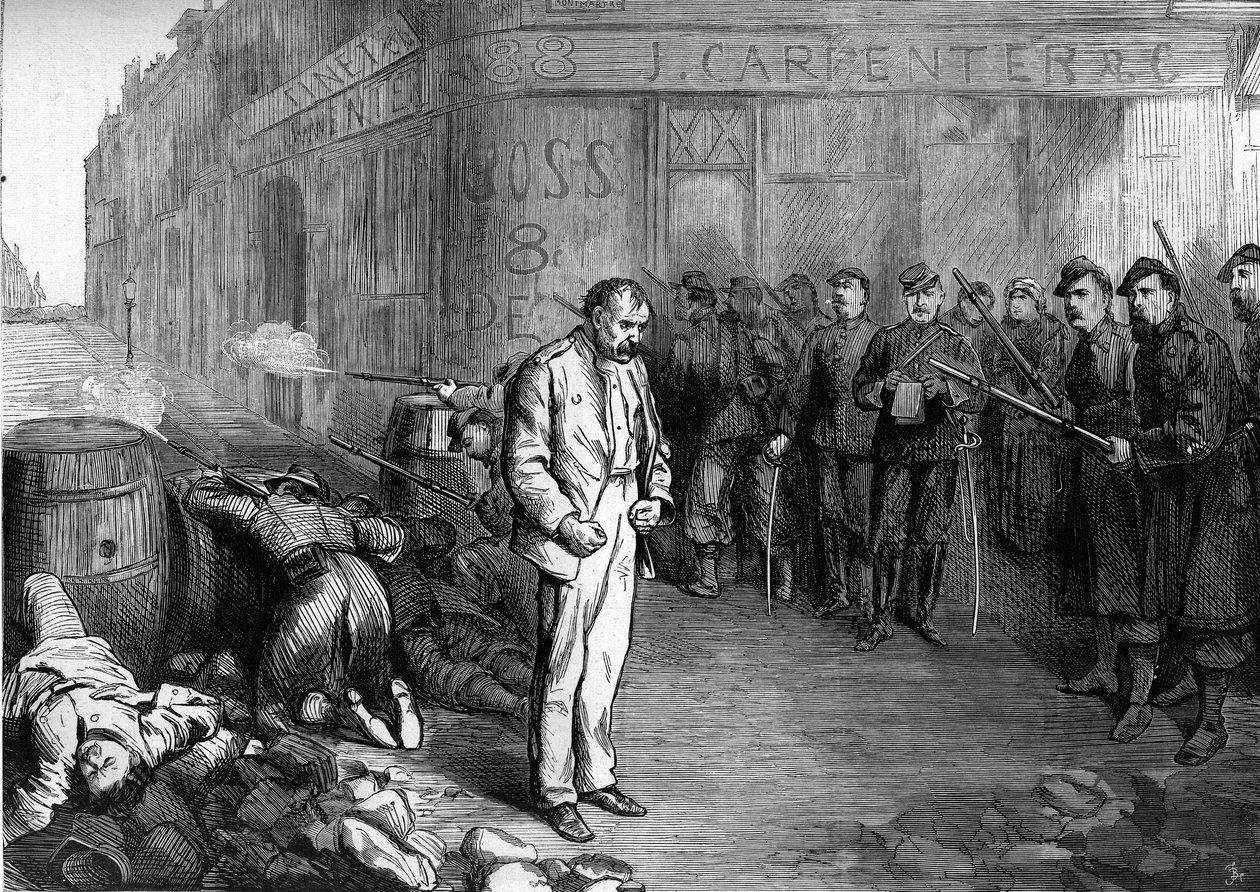 Die Pariser Kommune 1871. Ein gefangener Föderierter (Kommunarde) an der Ecke der Straßen Montmartre und Aboukir wird dem Feuer einer Barrikade ausgesetzt, die die Föderierten errichtet haben. Seine Kameraden hatten die Barrikade verlassen, er konnte flieh von Unknown artist
