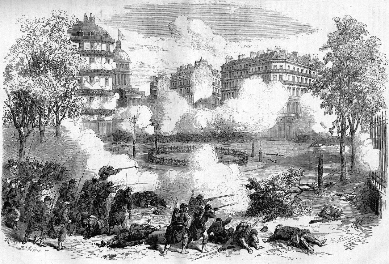 1871年のパリ・コミューン。1871年5月24日、流血週間（1871年5月22日〜28日）の始まりに、パンテオン前のフェデレ（コミューン派）のバリケードがド・シズィー将軍の軍団によって攻撃される。 作： 無名の画家
