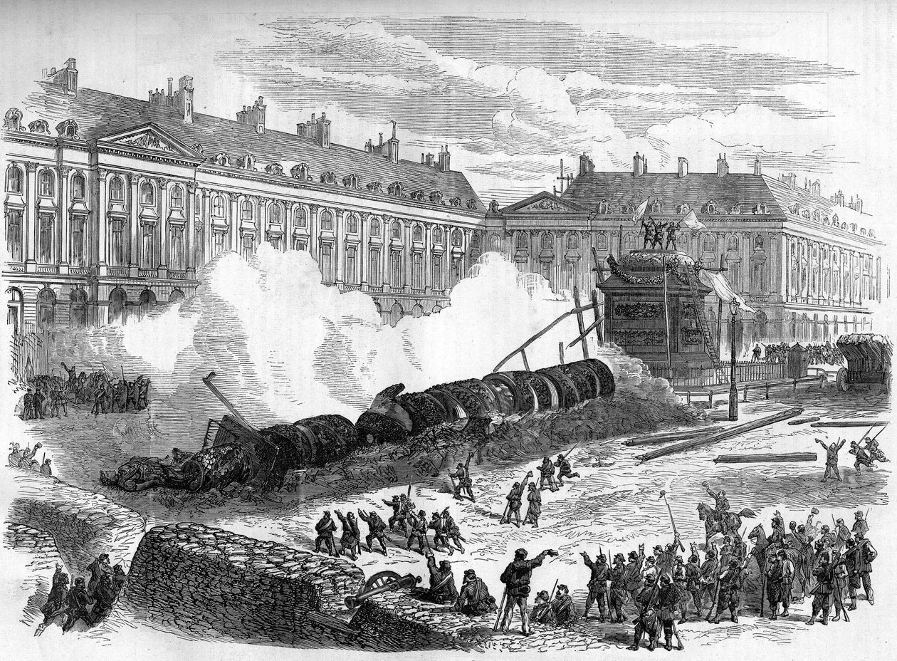 1871年のパリ・コミューン。4月12日、フェデレ（コミューン派）によるヴァンドームの柱の取り壊し 作： 無名の画家