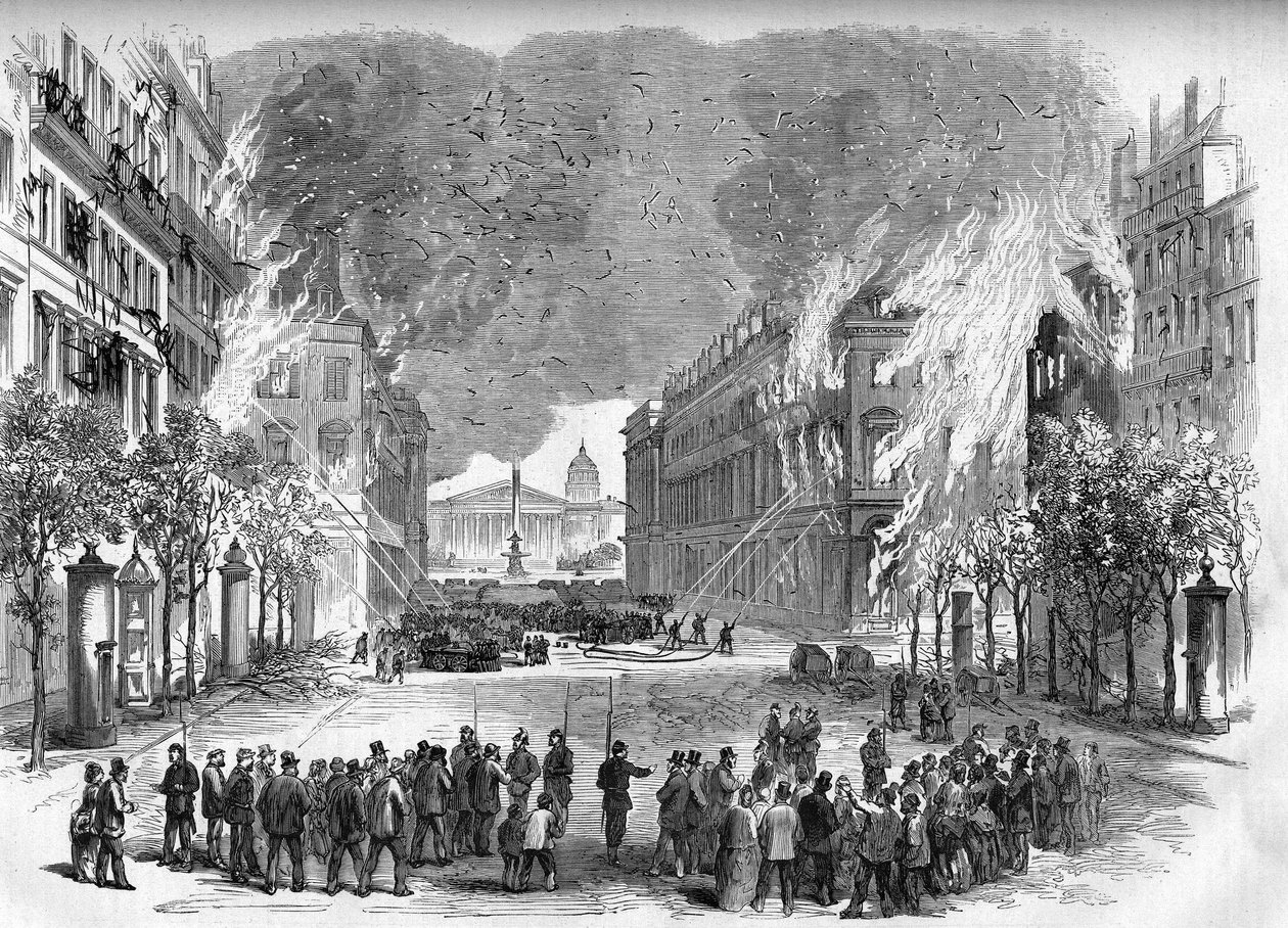 1871年のパリ・コミューン。血塗られた週（5月22日から28日）にロワイヤル通りでフェデレ（コミューン派）が灯した火 作： 無名の画家