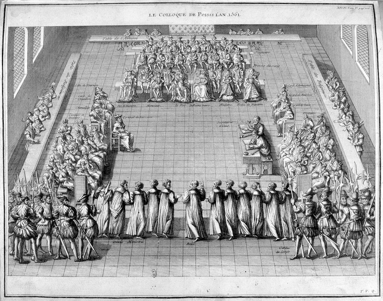 1561年のポワスィー・コロキウム（ポワスィー）。中央はフランス国王シャルル9世（1550-1574）と王妃カトリーヌ・ド・メディシス（カテリーナ・ド・メディチ）（1519-1589）。 作： 無名の画家