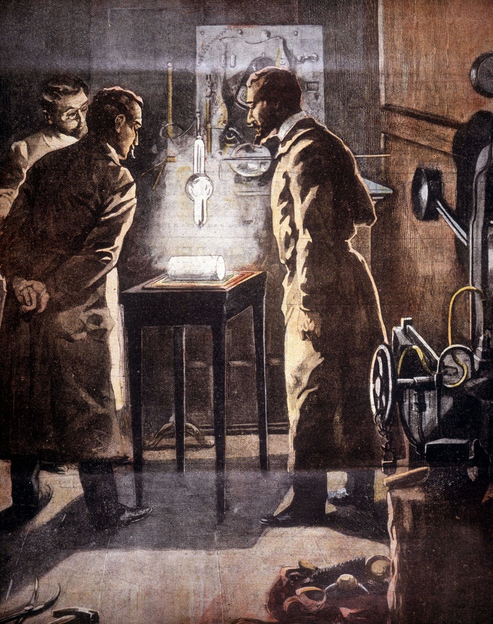 レントゲン（Rontgen）やX線のこと。1895年に発見された。実験を表すイラスト。 作： 無名の画家