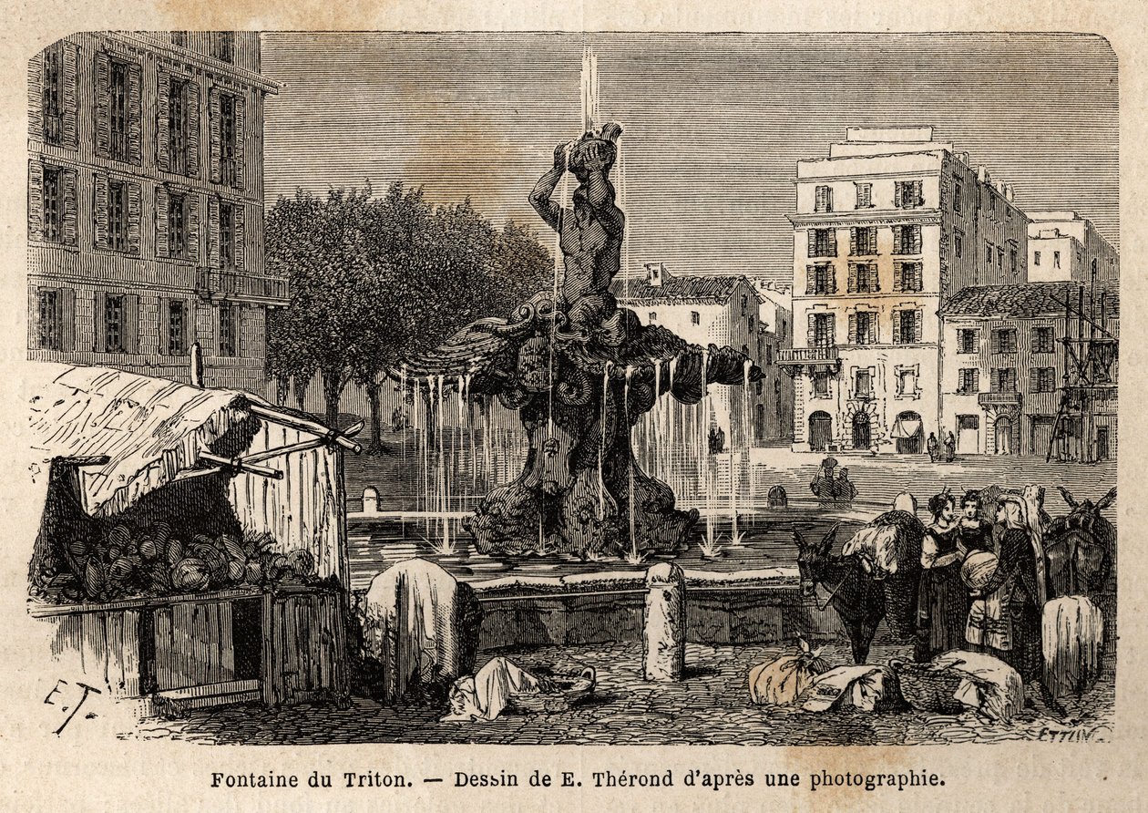 Der Triton-Brunnen in Rom, geschaffen 1643 von Gian Lorenzo Bernini auf der Barberini-Platz. Gravur zur Illustration der Reise nach Rom, von Francis Wey, 1864-1868, veröffentlicht in "Le tour du monde" von Unknown artist