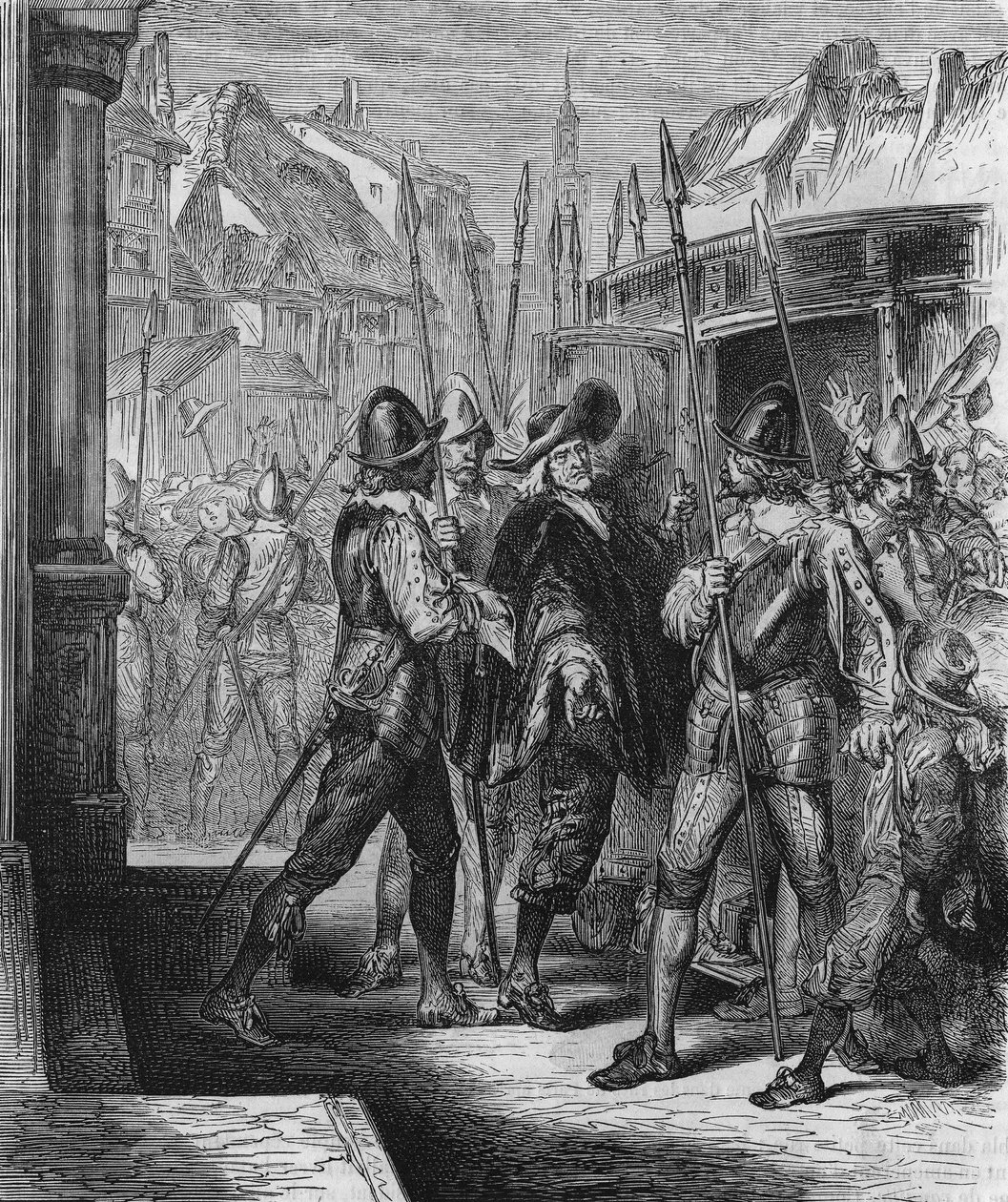 1648年、アンヌ・ドートリッシュの命令によりピエール・ブルゼル（1575 - 1654）が逮捕され、民衆の救済（バリケードの時代）とフロンドを引き起こした。1866年に制作されたエングレーヴィング。 作： 無名の画家