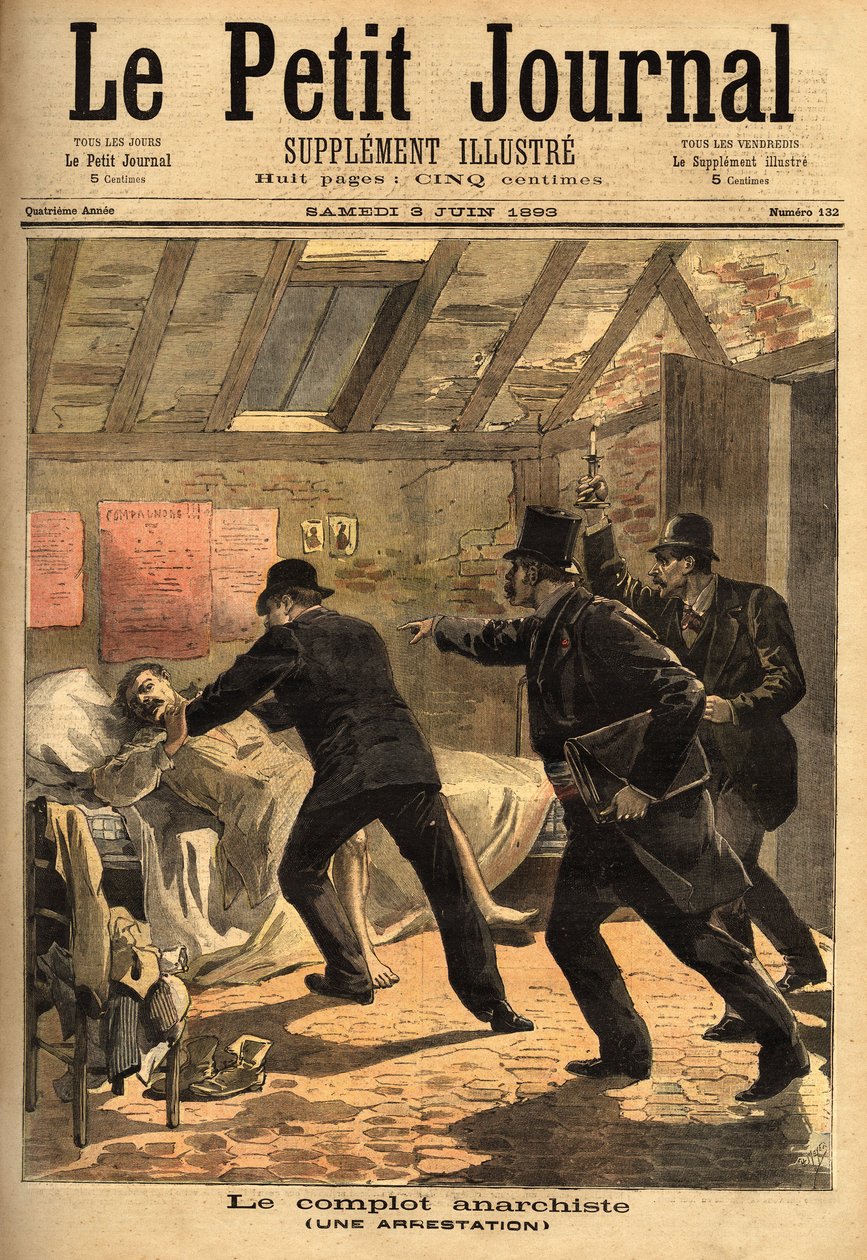 パリでのアナーキストの逮捕と、陰謀やダイナマイトの隠し場所の要素について。Le petit journal" 3/06/1893に掲載されたエングレーヴィング。セルバのコレクション。 作： 無名の画家