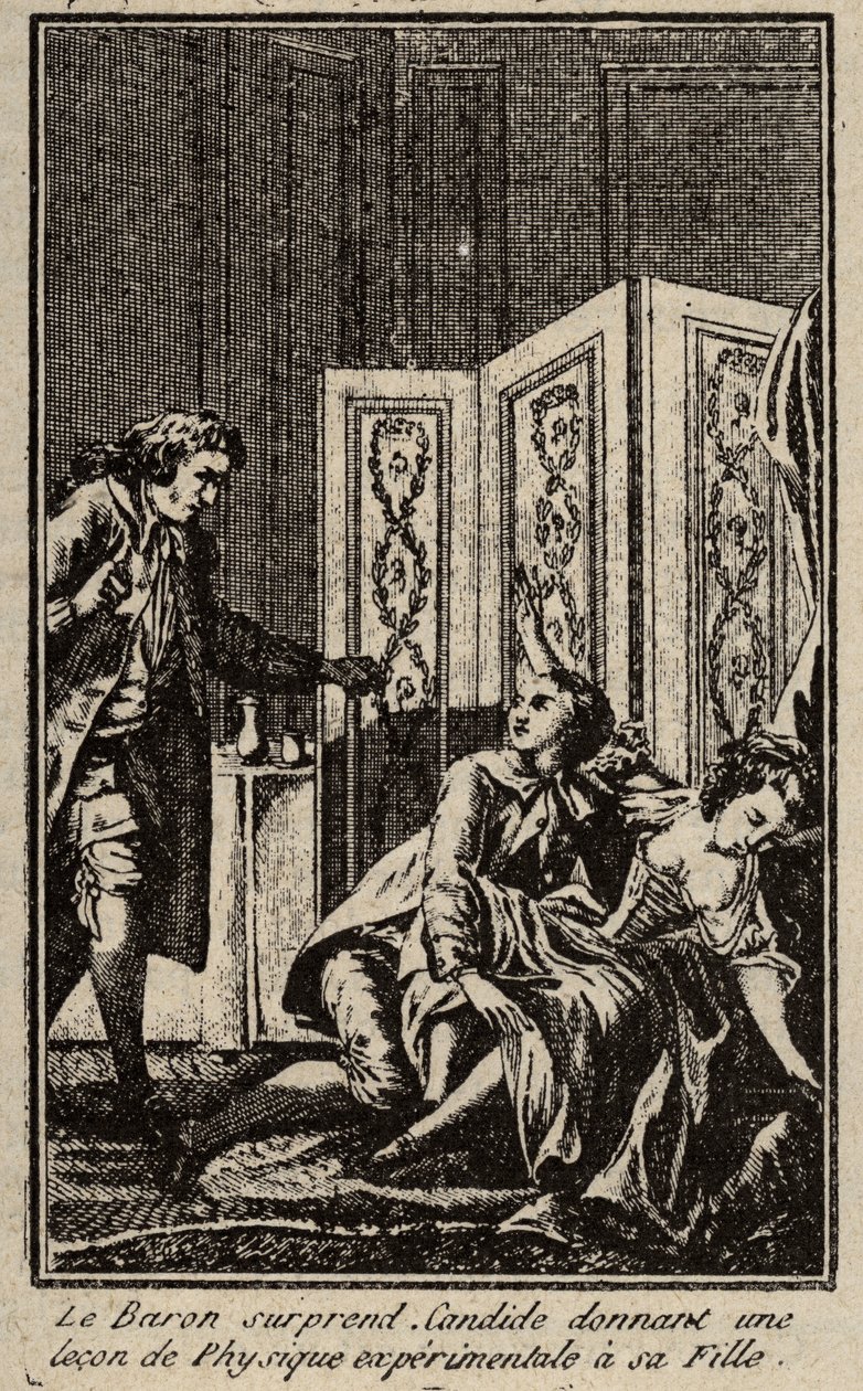 男爵が娘に実験物理学の授業をしてキャンディードを驚かせる Frontispice for "Candide" by Francois Marie Arouet dit Voltaire. 作： 無名の画家