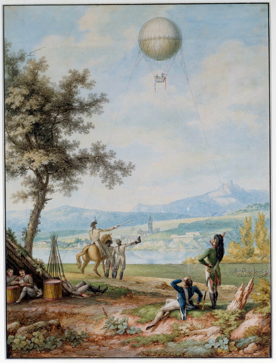 マインツの封鎖：1793年4月14日、第一次連合軍によって包囲された要塞。軍事目的で使用された包囲状態の街の上空の気球。18世紀のプリント。パリ航空博物館 作： 無名の画家