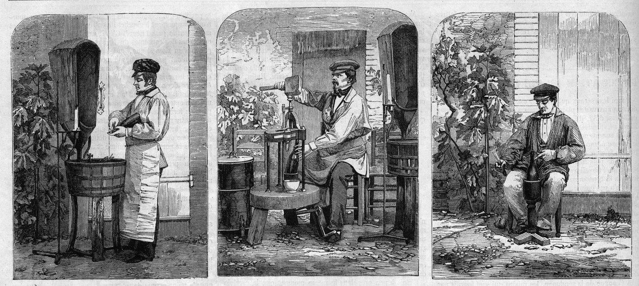 シャンパーニュワインの瓶詰め作業。1864年に描かれたもの。 作： 無名の画家
