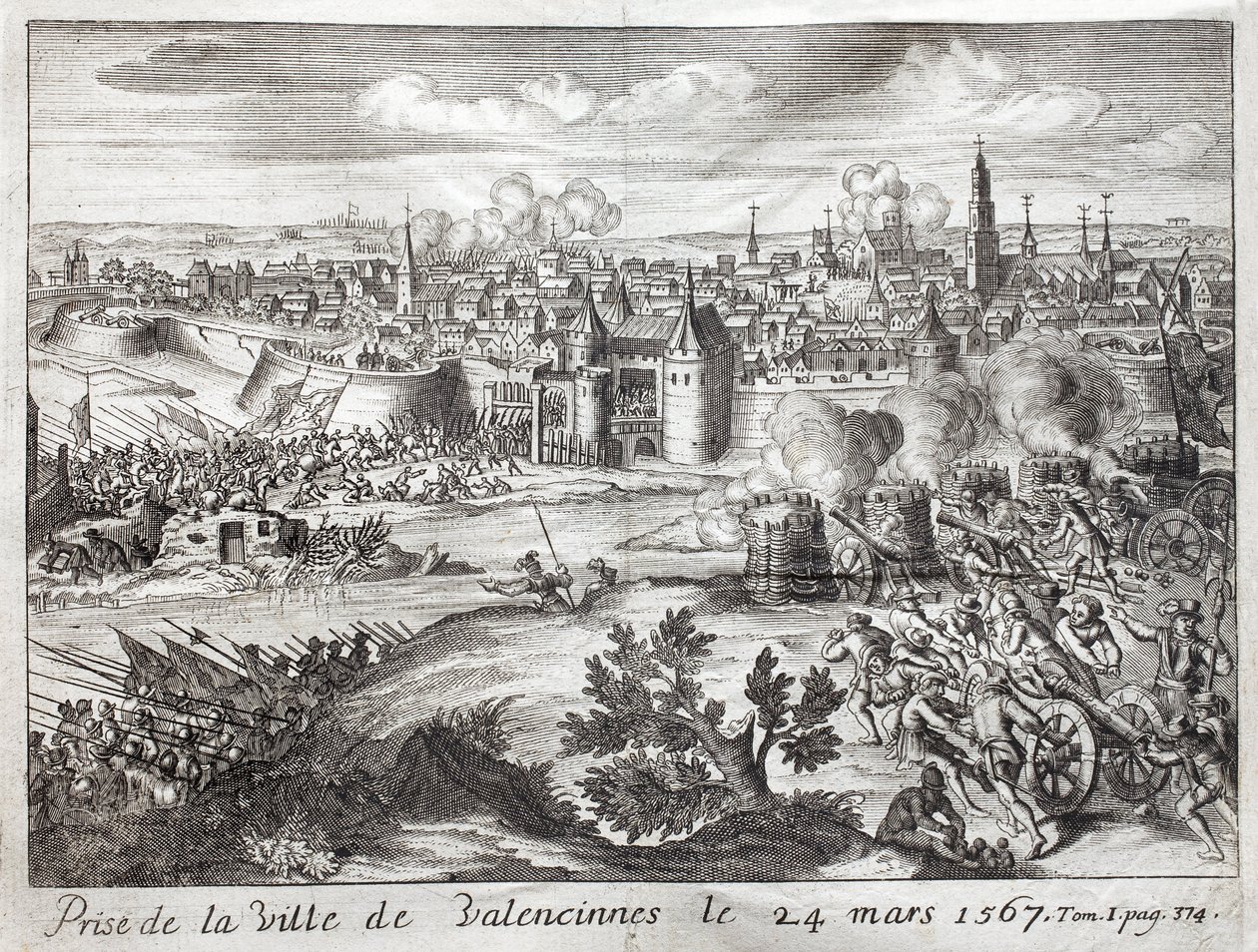 1567年3月24日、ヴァランシエンヌ（フランス）の街が奪われる。グーの反乱の最初の戦い（八十年戦争（八十年または八十年）（オランダの反乱）の始まり）（1568年～1648年）。フの戦争の歴史」を説明するためのエングレーヴィング 作： 無名の画家
