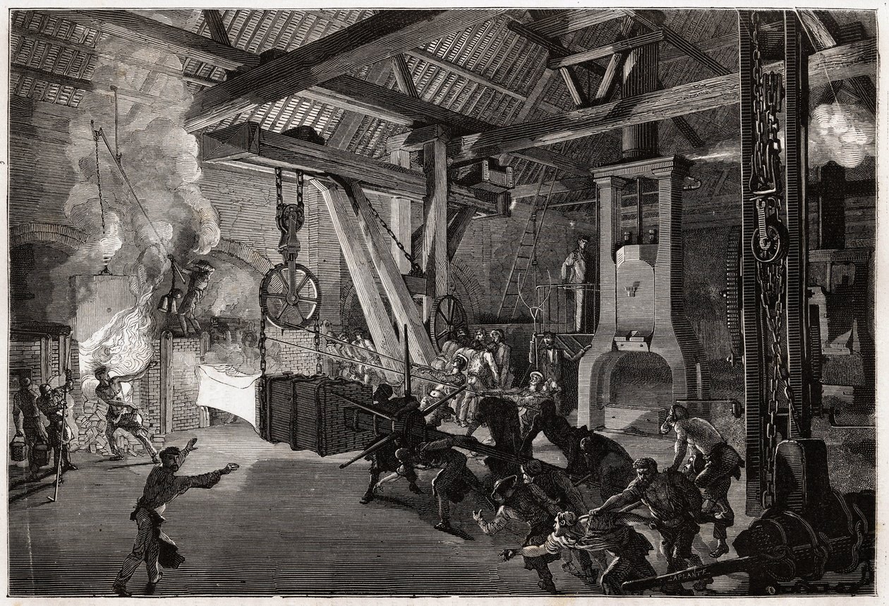 Der Schlagzeuger Hammer (Schlagzeuger) hat die Schmiede großer Werke; das riesige Stück zum Schmieden kommt aus dem Ofen, blendende Männer manövrieren, um es unter den Trommelstock zu bringen. Gravur zur Illustration einer Reise nach Creusot und den Minen  von Unknown artist