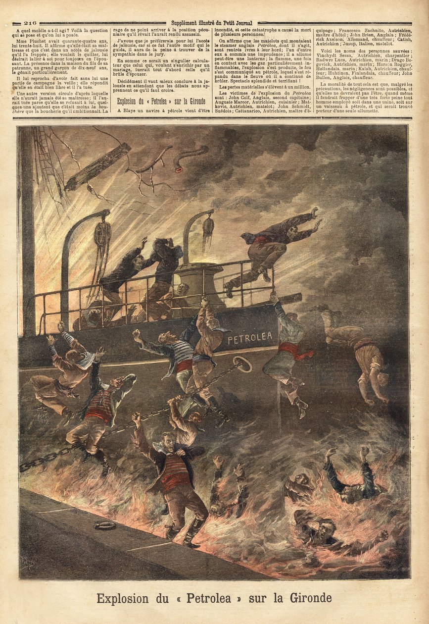 ジロンド河畔のブレイエで起きた石油運搬用英国汽船 "ペトロレア "の爆発事故。1892年4月6日付「Le petit journal」に掲載された図版。セルバのコレクション。 作： 無名の画家