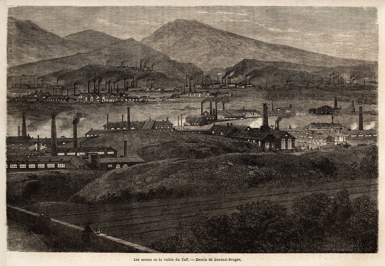 タフ・バレーの工場群。1862年にL.Simoninがウェールズの主要工場を訪問した際に描いたDurand Bragerの絵。エドゥアール・シャルトン編集の「Le tour du monde」に掲載されている図版 作： 無名の画家