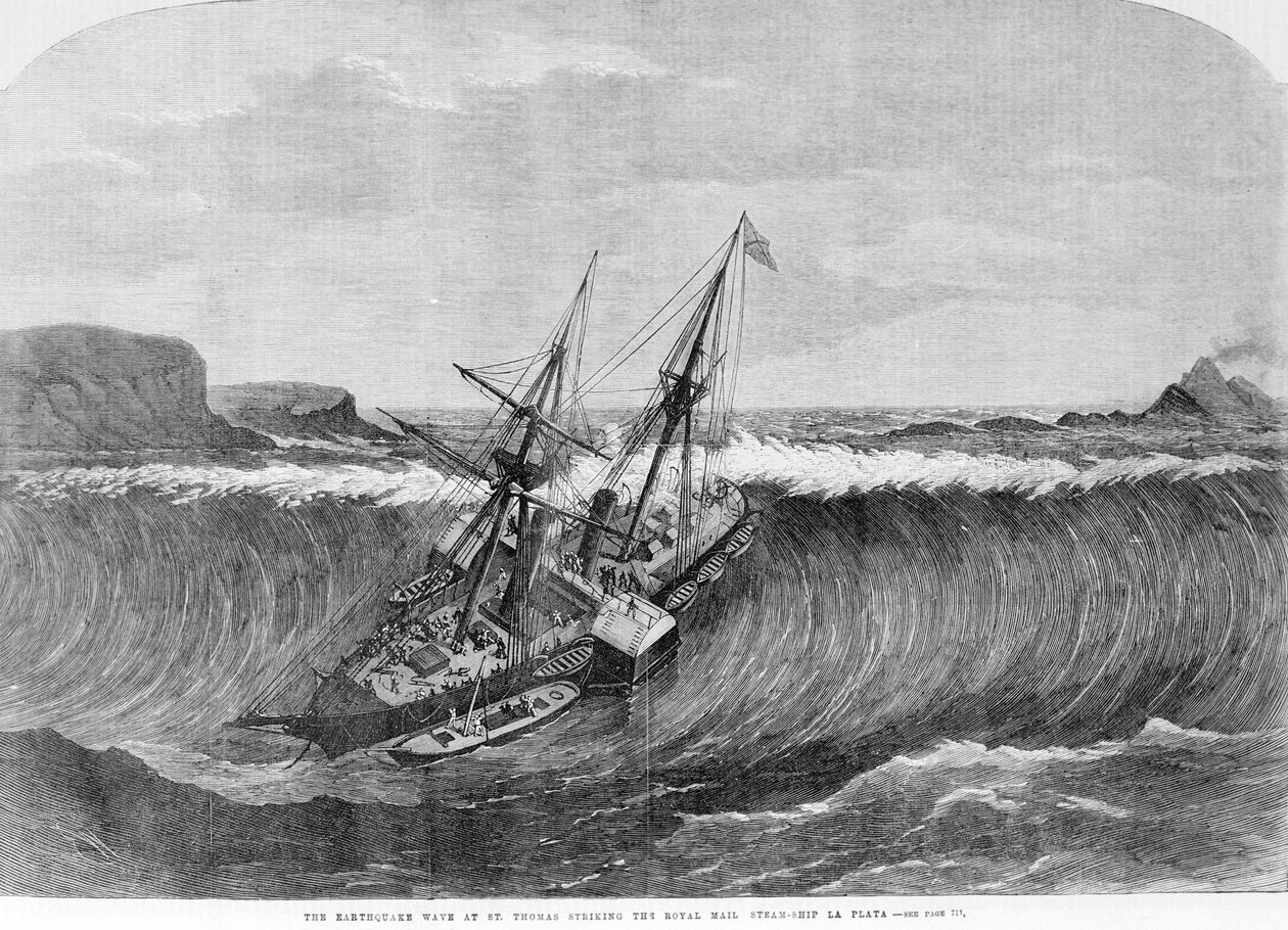 1867年12月にヴァージン諸島のセント・トーマスで発生した津波の巨大な波が、車輪付きの船「ラ・プラタ」に降りかかる。19世紀のエングレーヴィング。 作： 無名の画家
