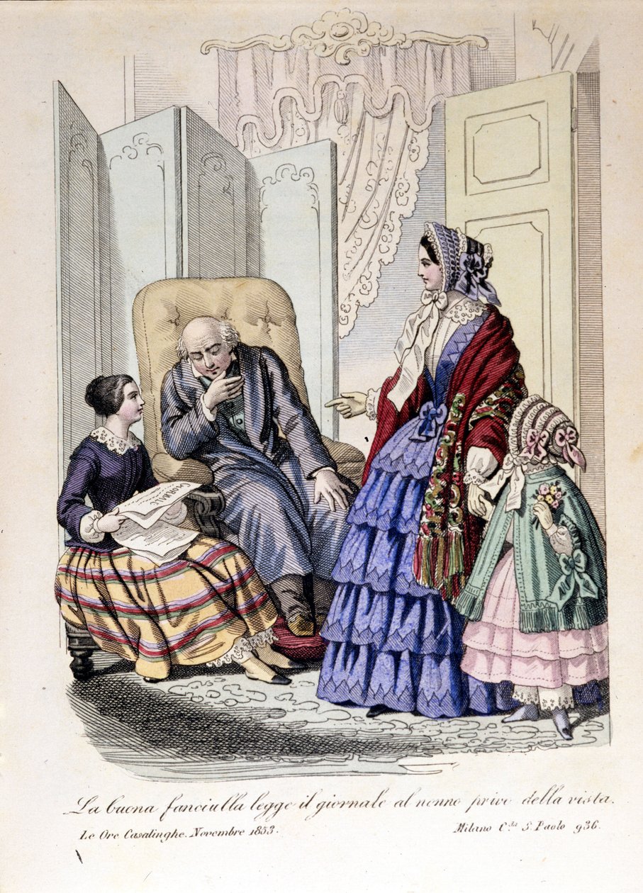 視力を失った祖父に新聞を読み聞かせる少女。1853年11月、「The ore casalinghe」より。 作： 無名の画家