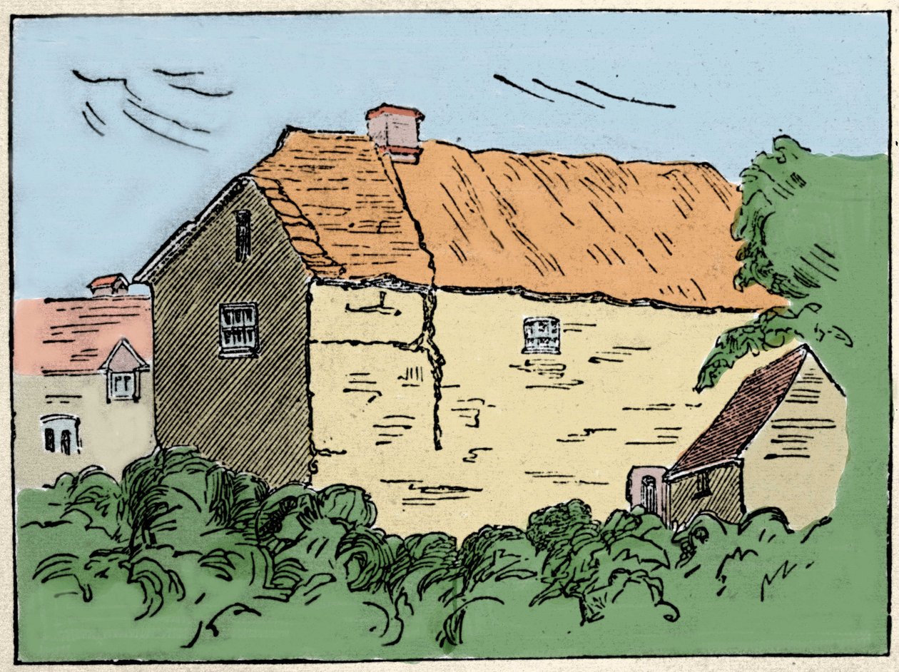Tavistock近郊のCrowndaleにある、イギリスの探検家・私掠船のフランシス・ドレイク（1540-1596）の家。19世紀に破壊された。 作： 無名の画家