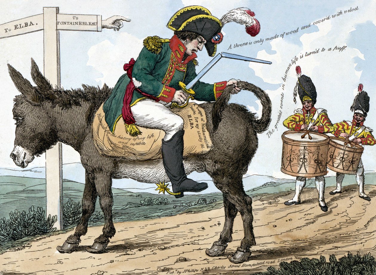 現代の英雄の旅、エルバ島へ。現代のヒーローのエルバ島への旅。この漫画は、ナポレオン・ボナパルトがフォンテーヌブローからエルバ島に向かう道でロバに座っている様子を描いたもので、片手には剣のカセを持ち、片手には 作： 無名の画家