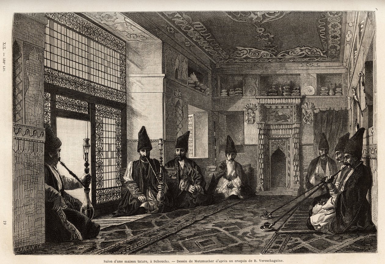 Das Wohnzimmer eines reichen Tatarenhauses in Schuscha (Transkaukasien, Russland), wo sich Männer auf Teppichen versammeln, um Pfeife zu rauchen und zu plaudern. Gravur zur Illustration der Reise in die Provinzen des Kaukasus, von Basile Vereschaguine, 186 von Unknown artist