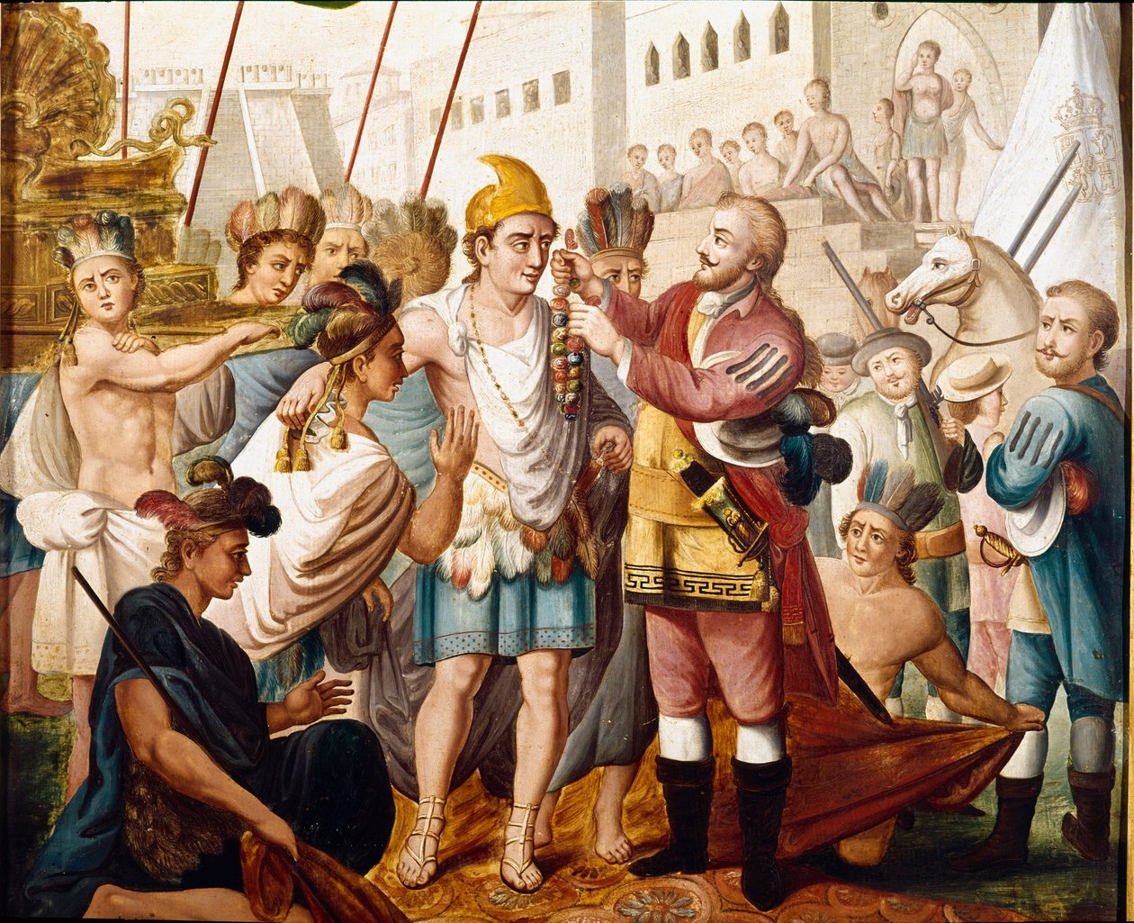 1519年11月のエルナン（またはエルナンド）・コルテスまたはフェルナン・コルテス（1485-1547）とアステカ王モンテスマ（またはモクテスマ：1466 - 1520）の会談 19世紀の匿名の絵画。マドリッドのアメリカ博物館。 作： 無名の画家
