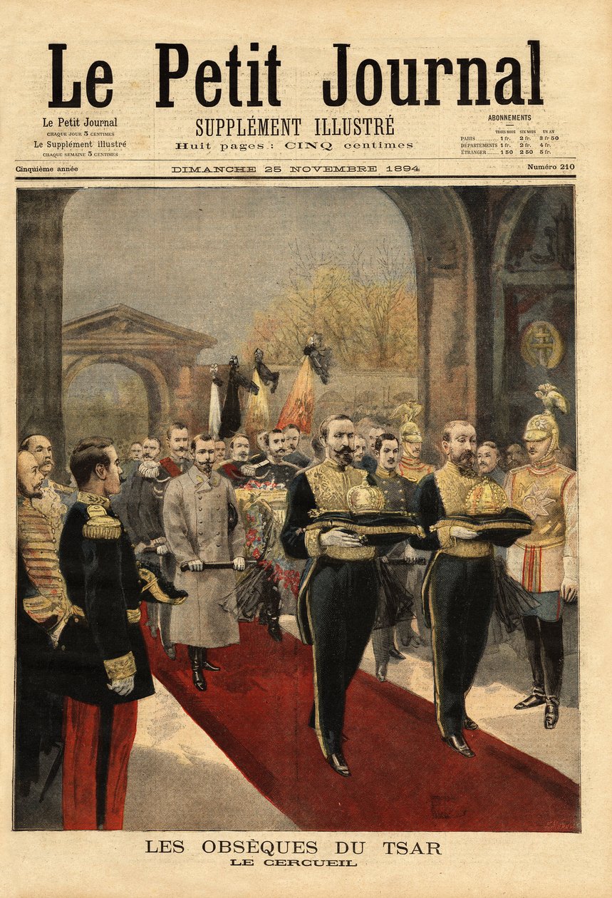 Die Beerdigung von Zar Alexander III. (1815-1894), in der Kathedrale von St. Peter und St. Paul, Nekropole der Romanows, im Zentrum der Festung von St. Petersburg. Gravur in „Le petit journal“ 25/11/1894. Sammlung Selva. von Unknown artist